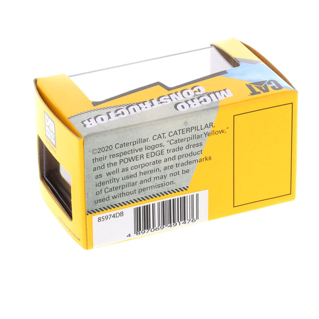 A yellow and gray packaging box for a Caterpillar Micro Constructor part, featuring a barcode and product text on a white background.