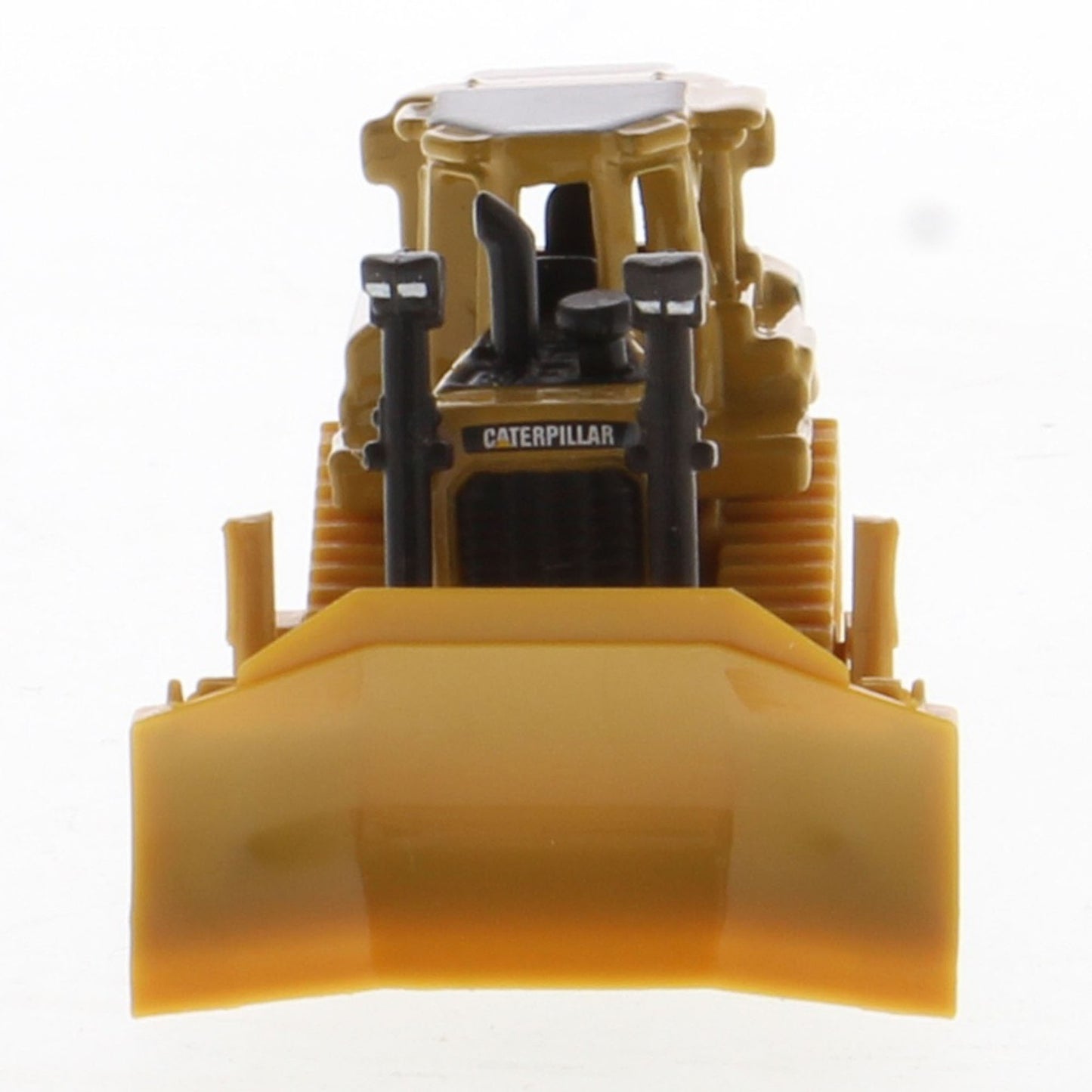 Mini Model of a CAT Yellow Caterpillar D8T Track-Type Dozer with Rear Ripper on a Black Base Plate on a White Background