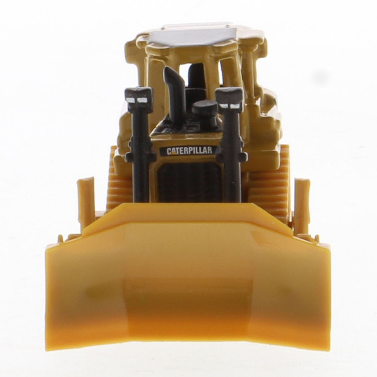 Mini Model of a CAT Yellow Caterpillar D8T Track-Type Dozer with Rear Ripper on a Black Base Plate on a White Background