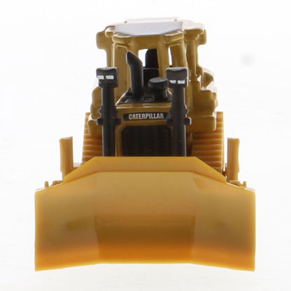Mini Model of a CAT Yellow Caterpillar D8T Track-Type Dozer with Rear Ripper on a Black Base Plate on a White Background