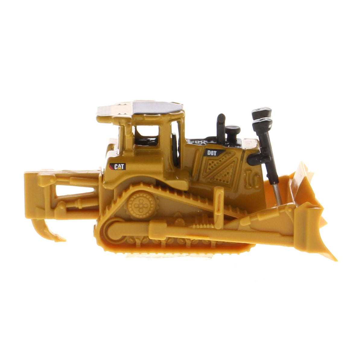 Mini Model of a CAT Yellow Caterpillar D8T Track-Type Dozer with Rear Ripper on a White Background