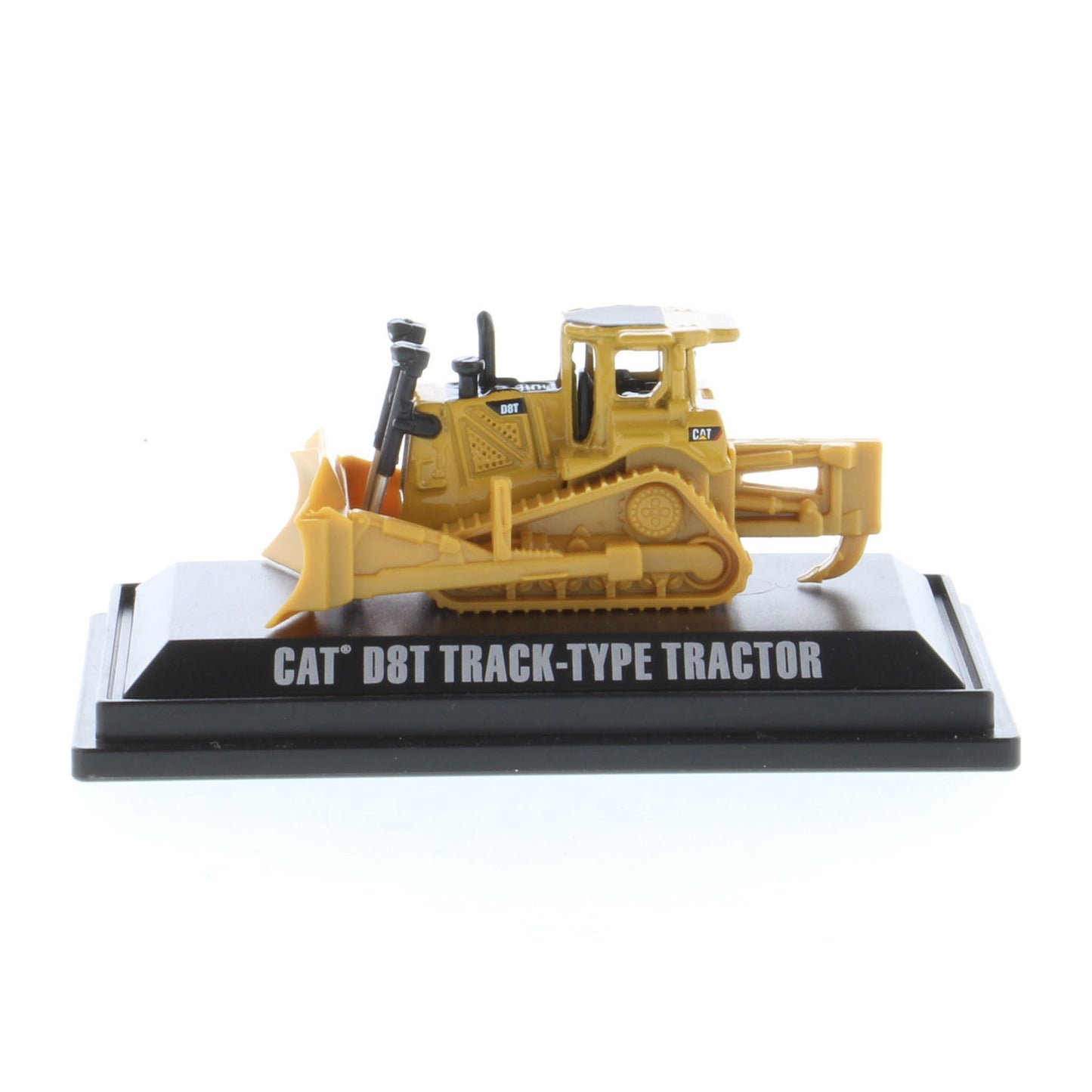 Mini Model of a CAT Yellow Caterpillar D8T Track-Type Dozer with Rear Ripper on a Black Base Plate on a White Background
