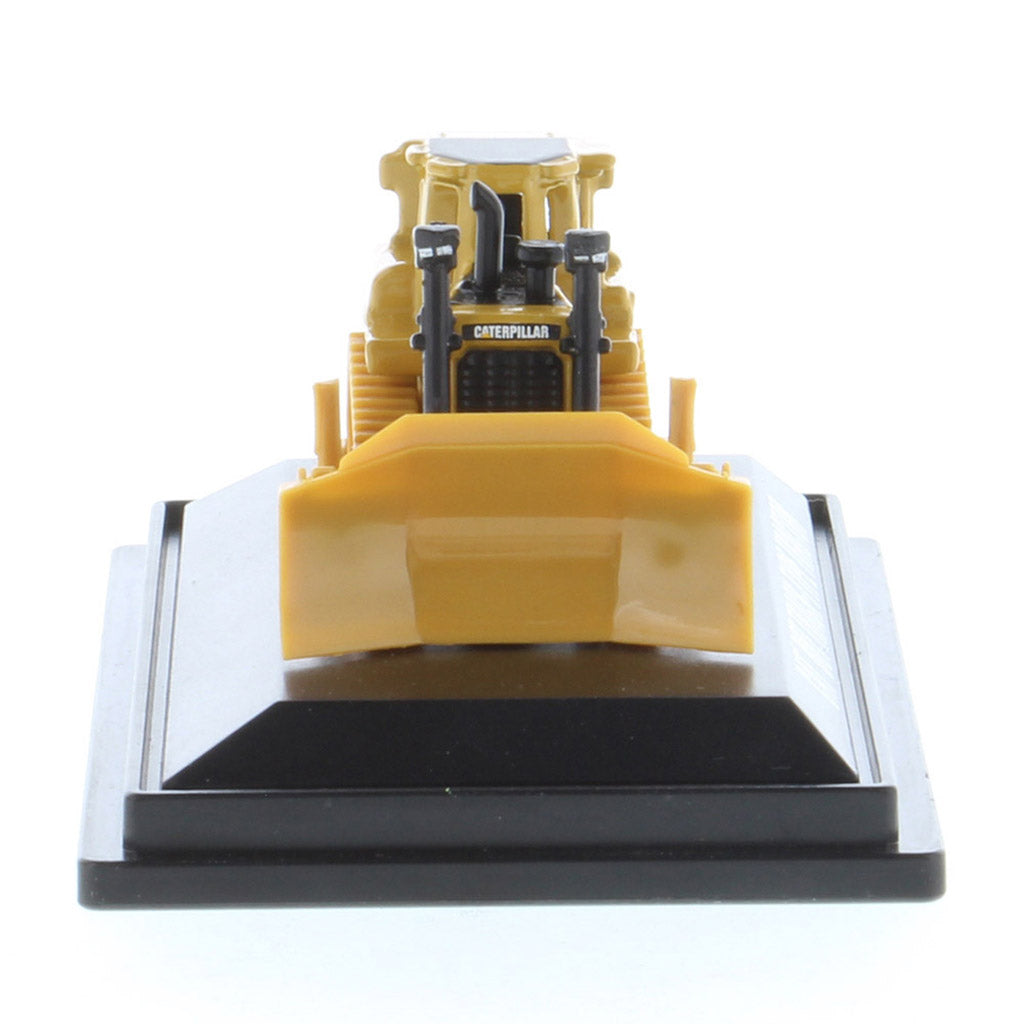 Mini Model of a CAT Yellow Caterpillar D8T Track-Type Dozer with Rear Ripper on a Black Base Plate on a White Background