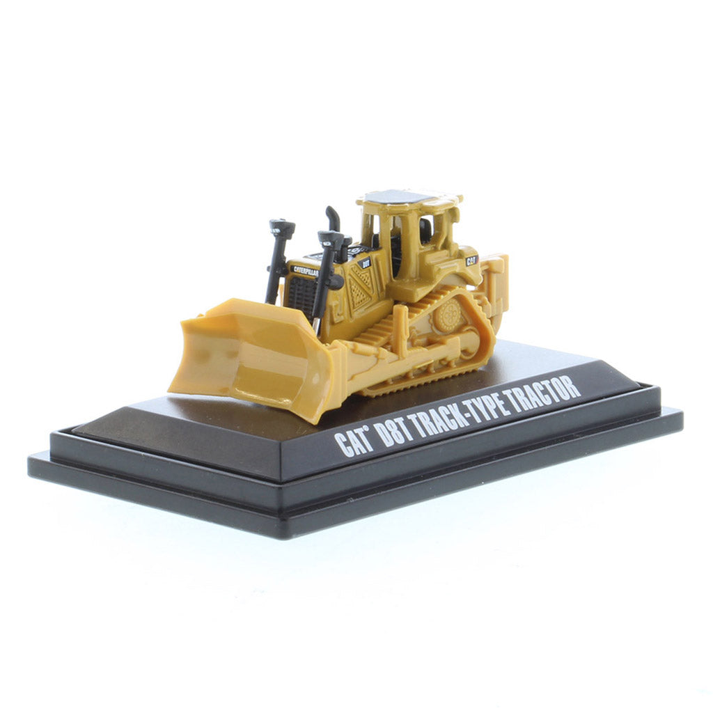 Mini Model of a CAT Yellow Caterpillar D8T Track-Type Dozer with Rear Ripper on a Black Base Plate on a White Background