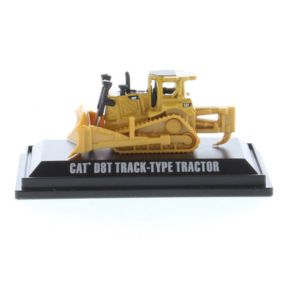 Mini Model of a CAT Yellow Caterpillar D8T Track-Type Dozer with Rear Ripper on a Black Base Plate on a White Background