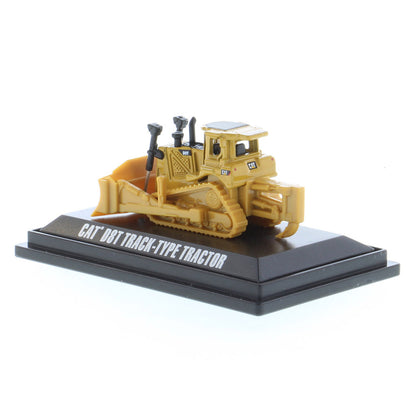 Mini Model of a CAT Yellow Caterpillar D8T Track-Type Dozer with Rear Ripper on a Black Base Plate on a White Background