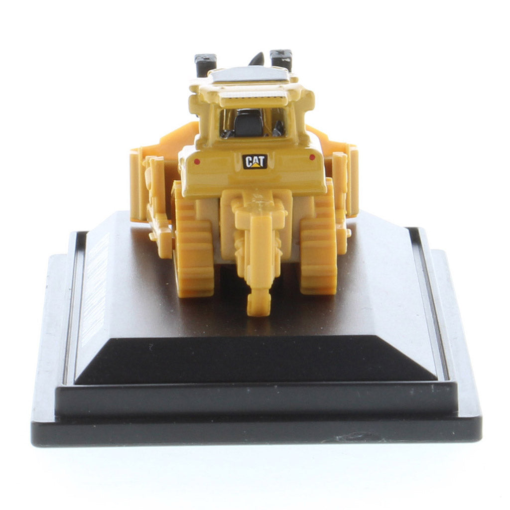 Mini Model of a CAT Yellow Caterpillar D8T Track-Type Dozer with Rear Ripper on a Black Base Plate on a White Background