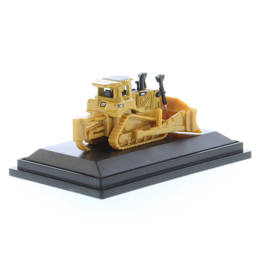 Mini Model of a CAT Yellow Caterpillar D8T Track-Type Dozer with Rear Ripper on a Black Base Plate on a White Background