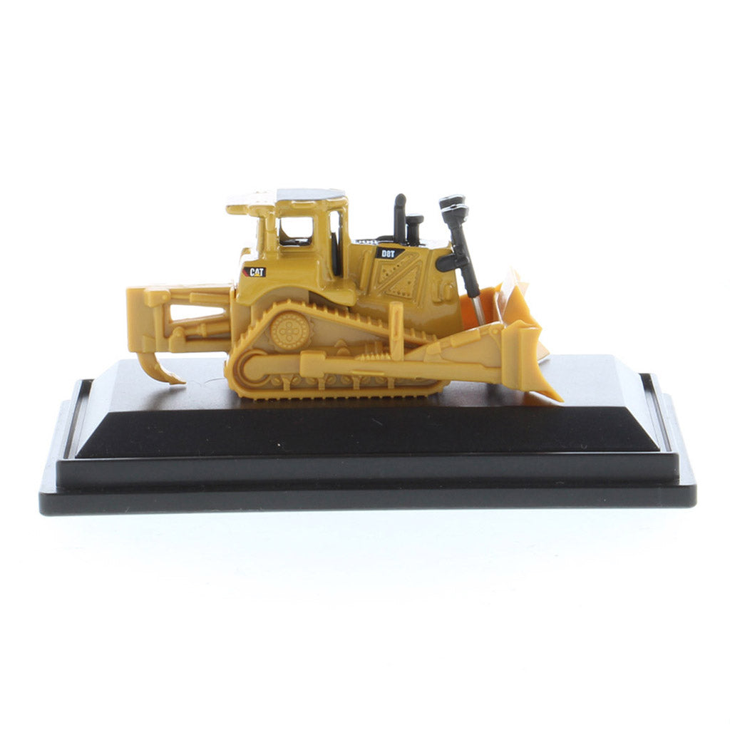 Mini Model of a CAT Yellow Caterpillar D8T Track-Type Dozer with Rear Ripper on a Black Base Plate on a White Background