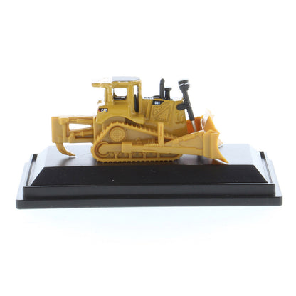 Mini Model of a CAT Yellow Caterpillar D8T Track-Type Dozer with Rear Ripper on a Black Base Plate on a White Background