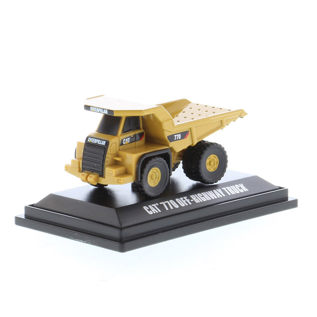 Mini Model of a Caterpillar 770 Off-Highway Haul Truck on a Black Display Base on a White Background