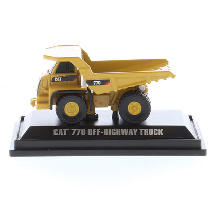 Mini Model of a Caterpillar 770 Off-Highway Haul Truck on a Black Display Base on a White Background