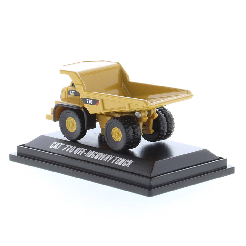 Mini Model of a Caterpillar 770 Off-Highway Haul Truck on a Black Display Base on a White Background