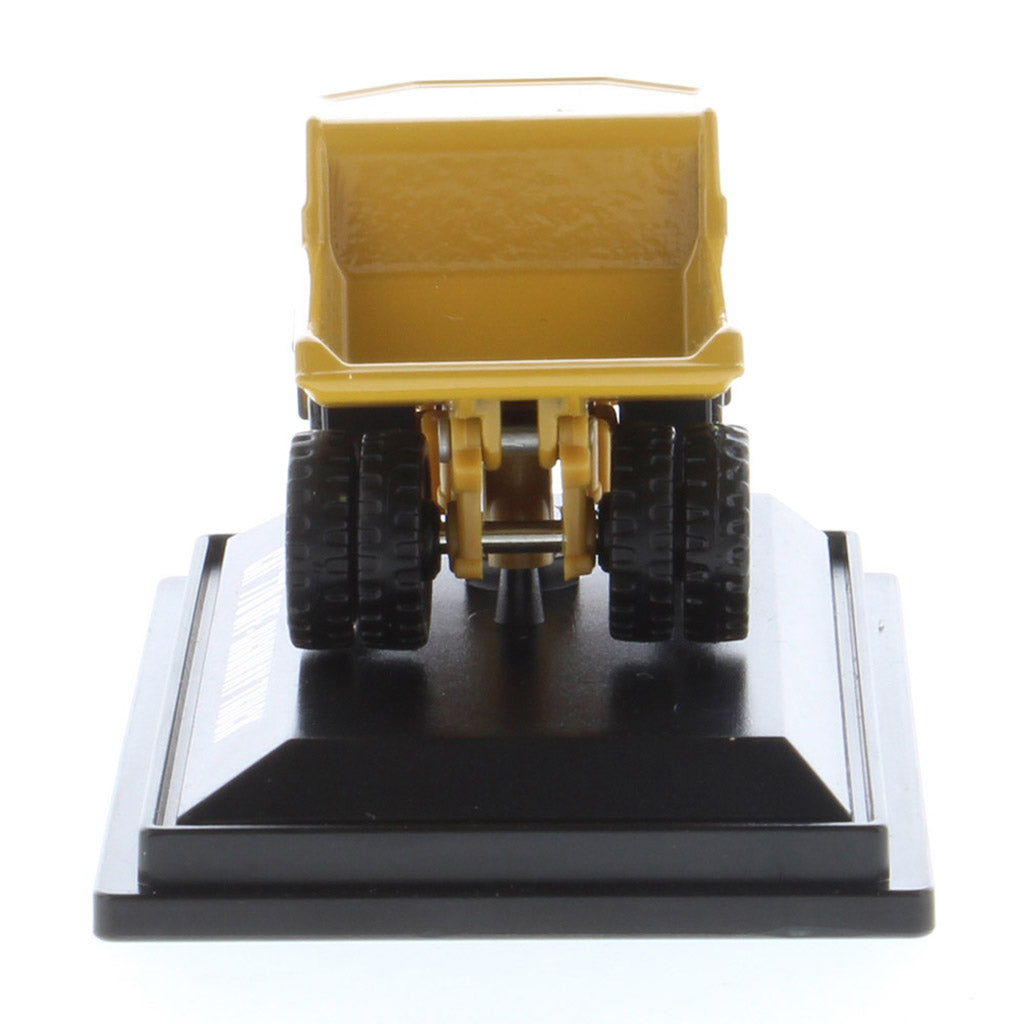 Mini Model of a Caterpillar 770 Off-Highway Haul Truck on a Black Display Base on a White Background