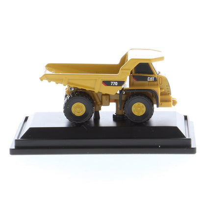 Mini Model of a Caterpillar 770 Off-Highway Haul Truck on a Black Display Base on a White Background