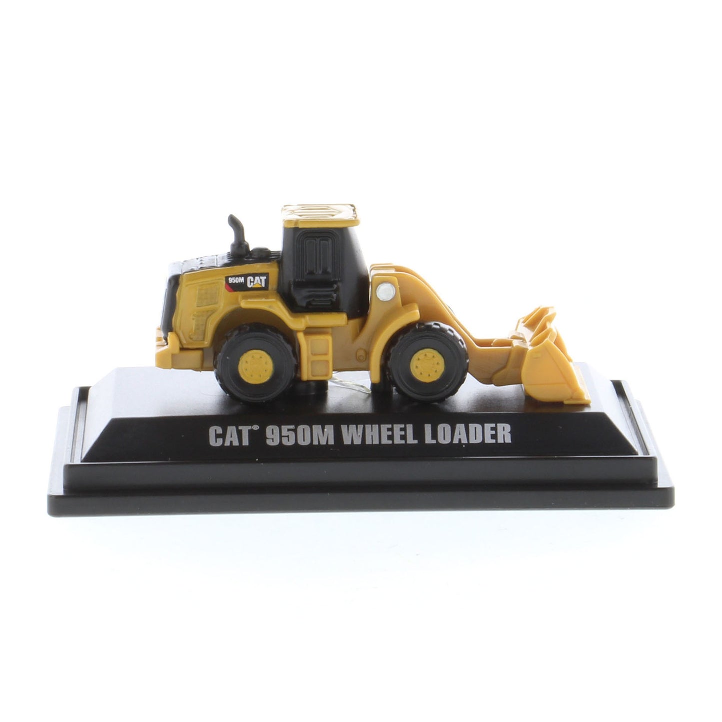 Mini Model of a Cat 950M Wheel Loader Mounted on a Black Display Base on a White background
