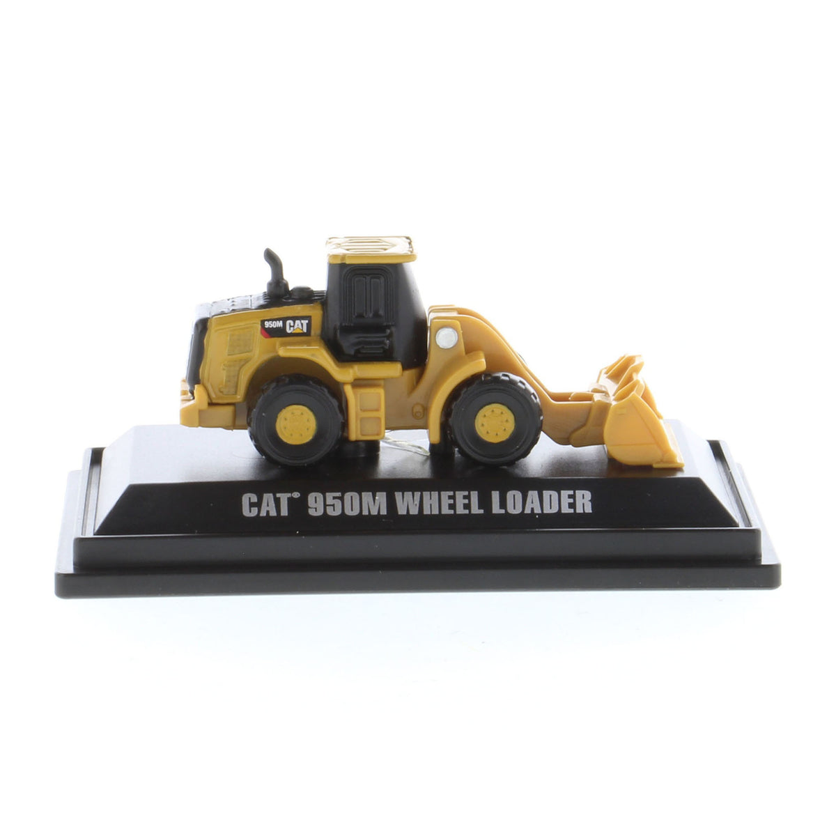 Mini Model of a Cat 950M Wheel Loader Mounted on a Black Display Base on a White background