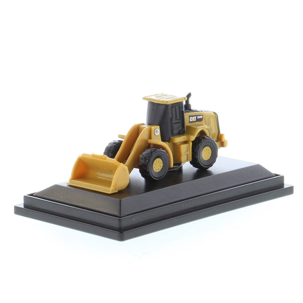 Mini Model of a Cat 950M Wheel Loader Mounted on a Black Display Base on a White background