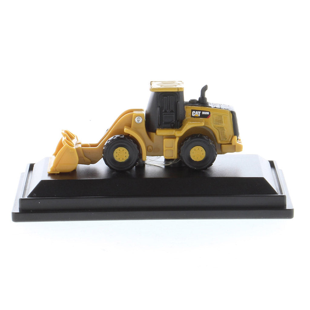 Mini Model of a Cat 950M Wheel Loader Mounted on a Black Display Base on a White background