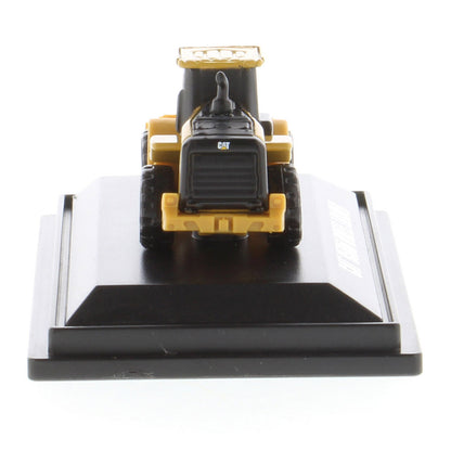 Mini Model of a Cat 950M Wheel Loader Mounted on a Black Display Base on a White background