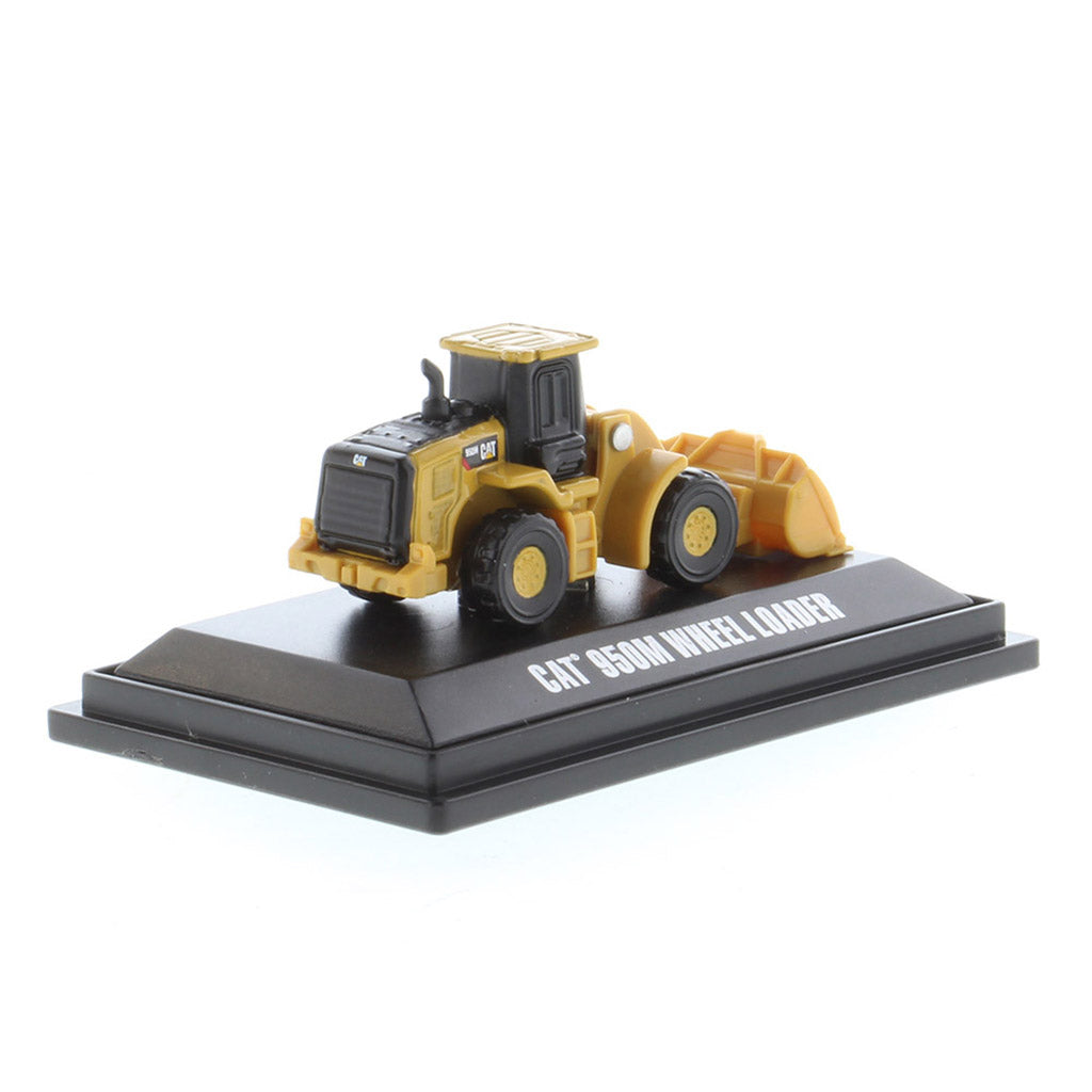 Mini Model of a Cat 950M Wheel Loader Mounted on a Black Display Base on a White background