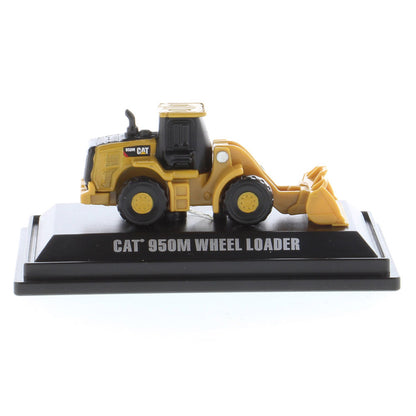 Mini Model of a Cat 950M Wheel Loader Mounted on a Black Display Base on a White background