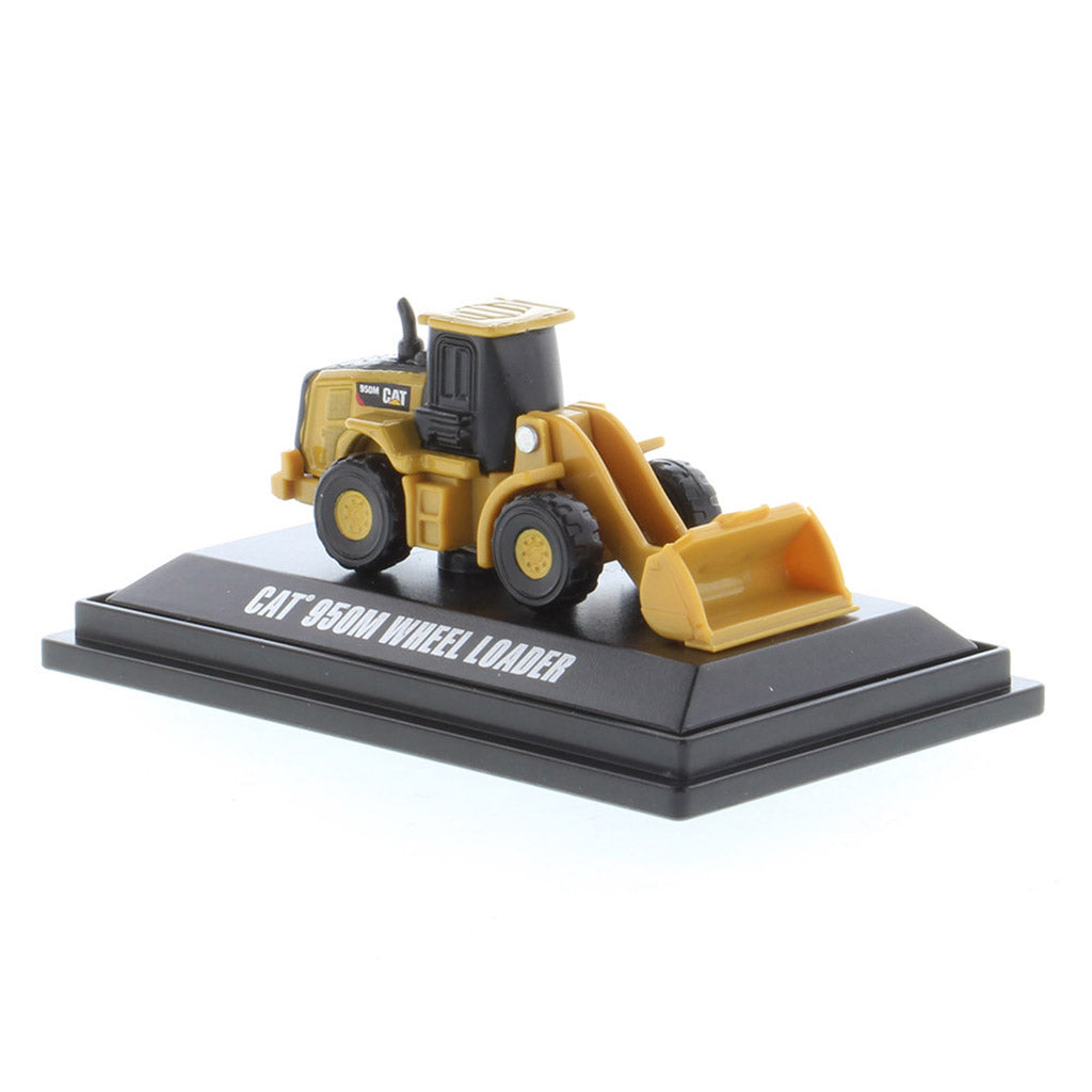 Mini Model of a Cat 950M Wheel Loader Mounted on a Black Display Base on a White background