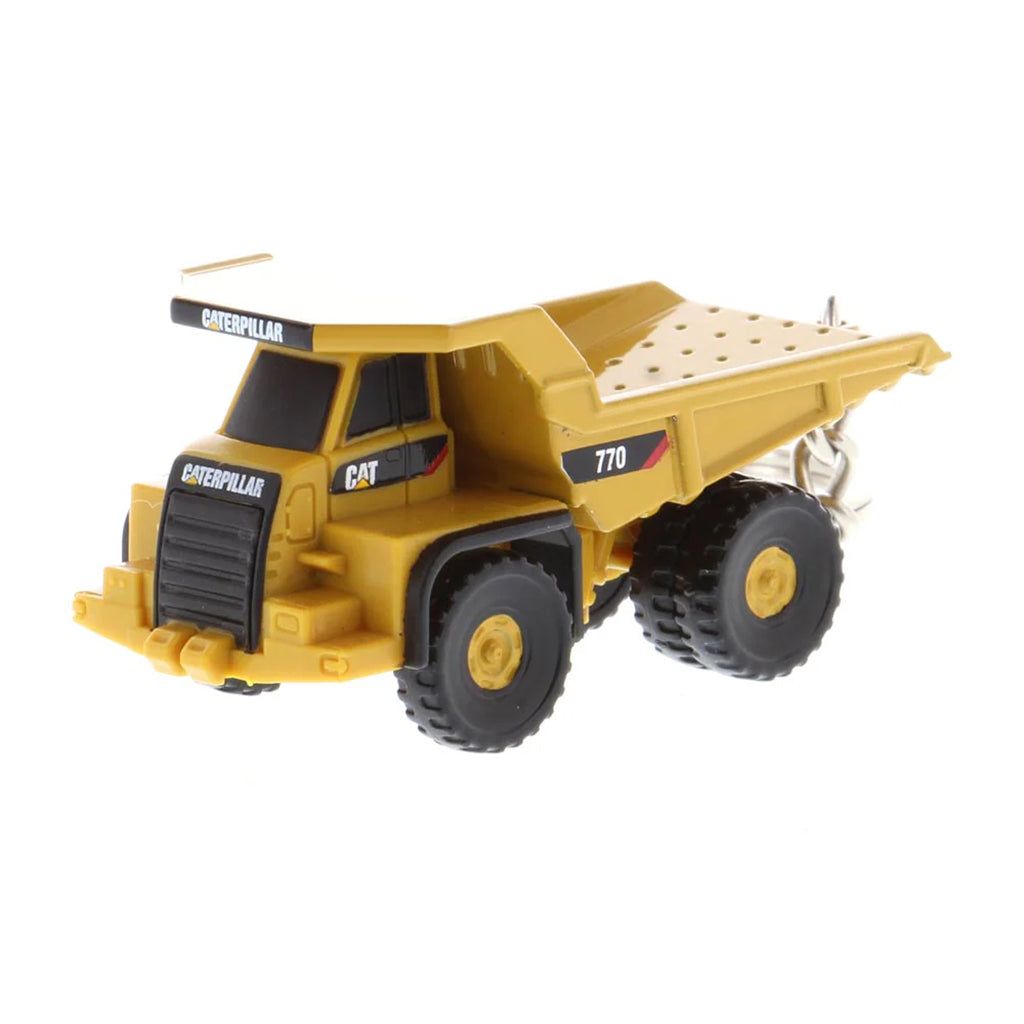 Caterpillar 770 Off-Highway Dump Truck Keychain on a White Background