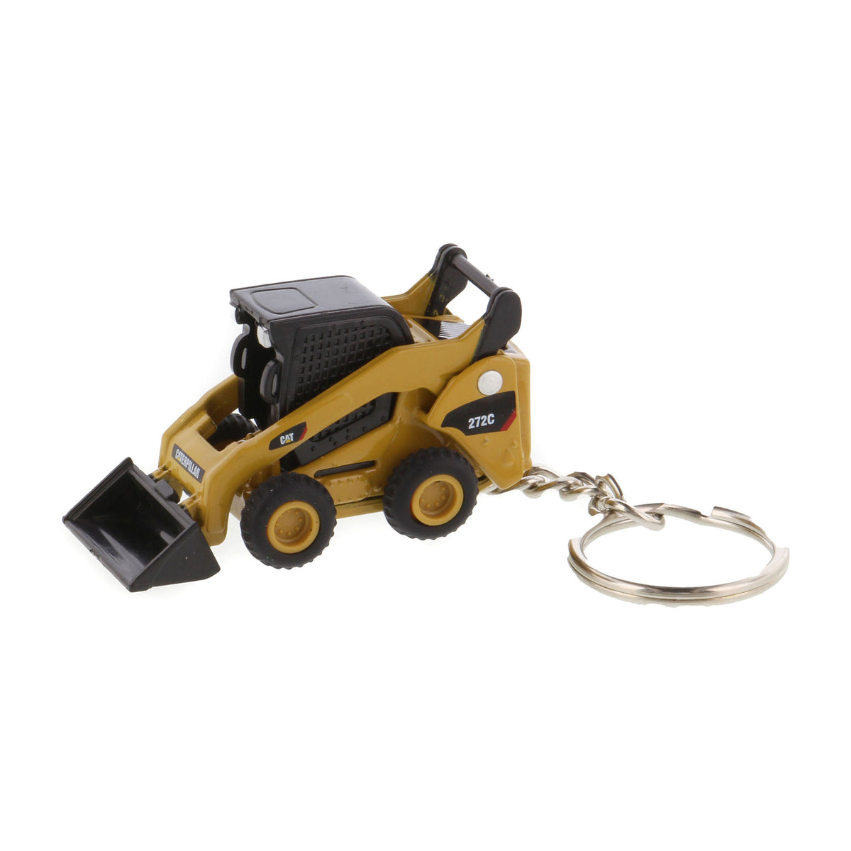A miniature yellow and black toy skid steer keychain with a metal split ring, shown on a plain white background.