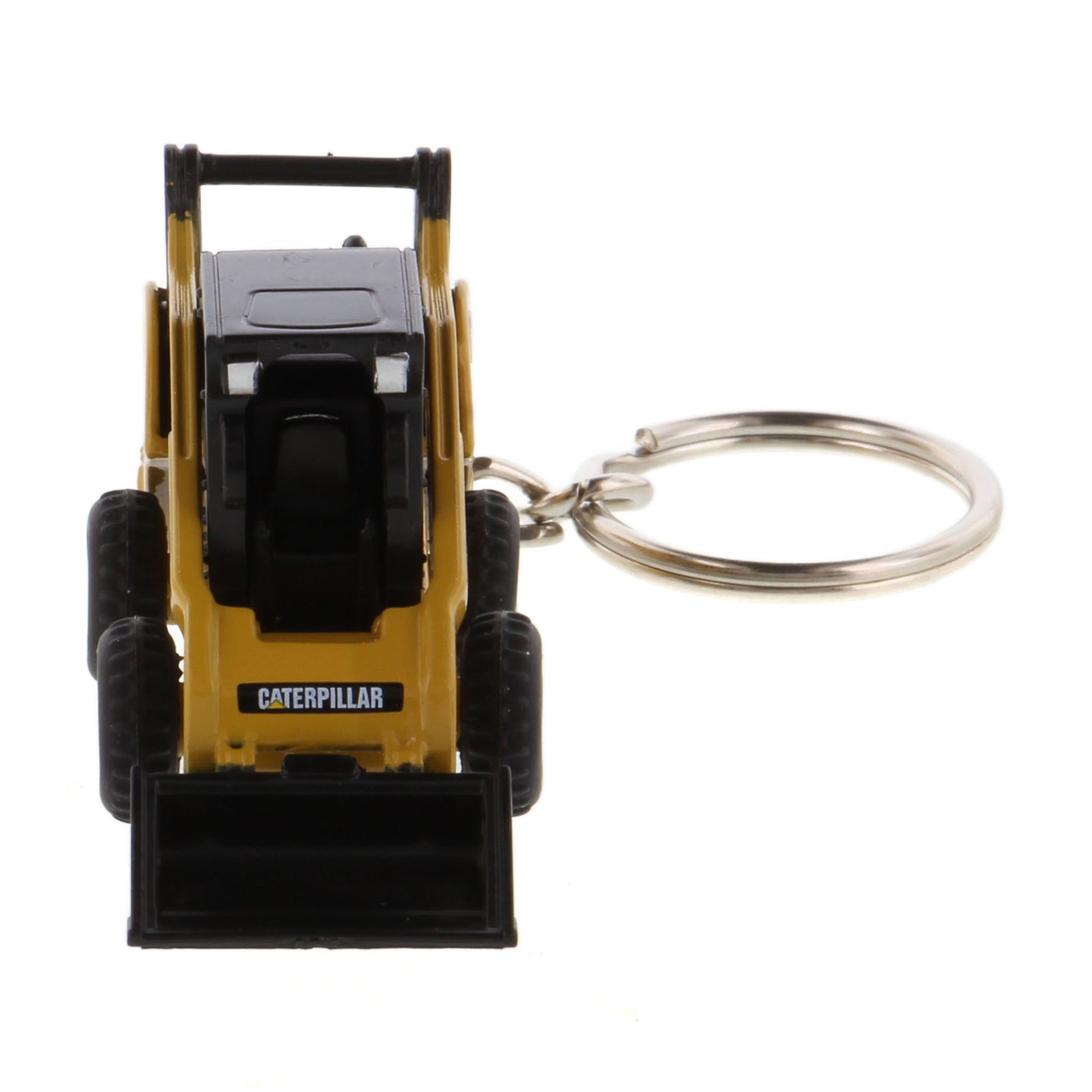 A miniature yellow and black toy skid steer keychain with a metal split ring, shown on a plain white background.