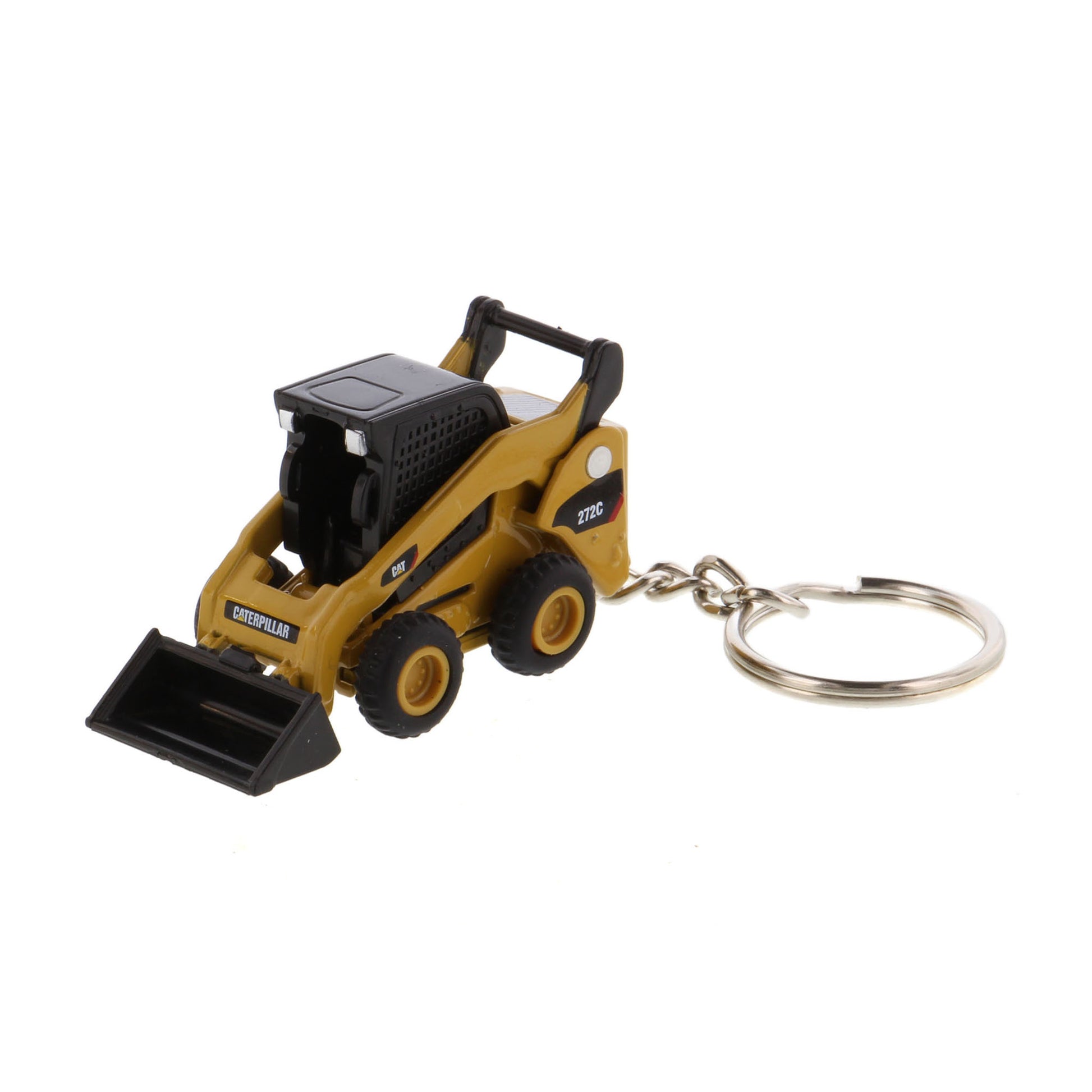 A miniature yellow and black toy skid steer keychain with a metal split ring, shown on a plain white background.