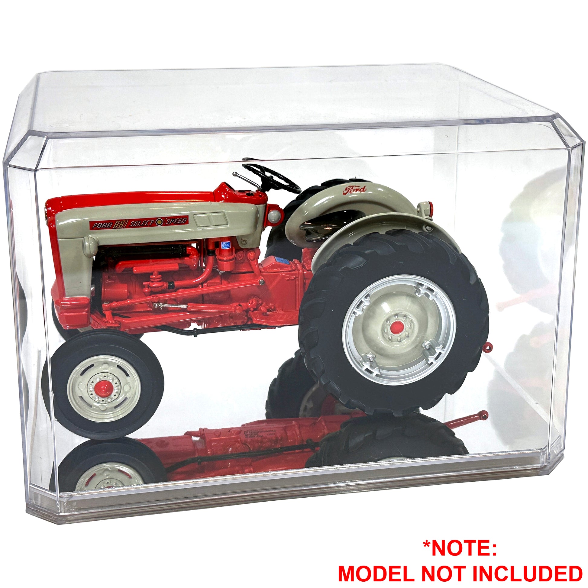 Clear display case with Mirrored base holding a Ford 881 select-o-speed tractor on a white background. Model Not Included