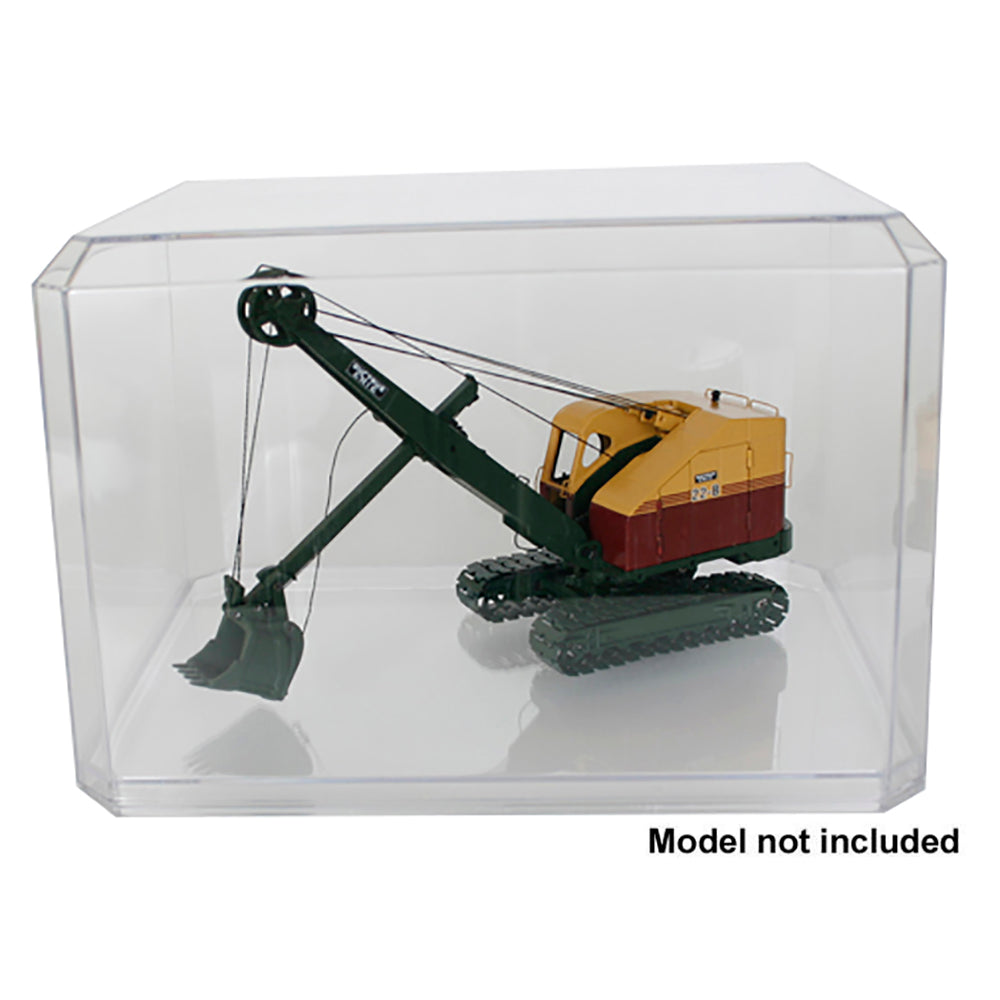Clear plastic display case holding a Bucyrus Erie Stiff Leg Front Shovel on a white background Model Not Included