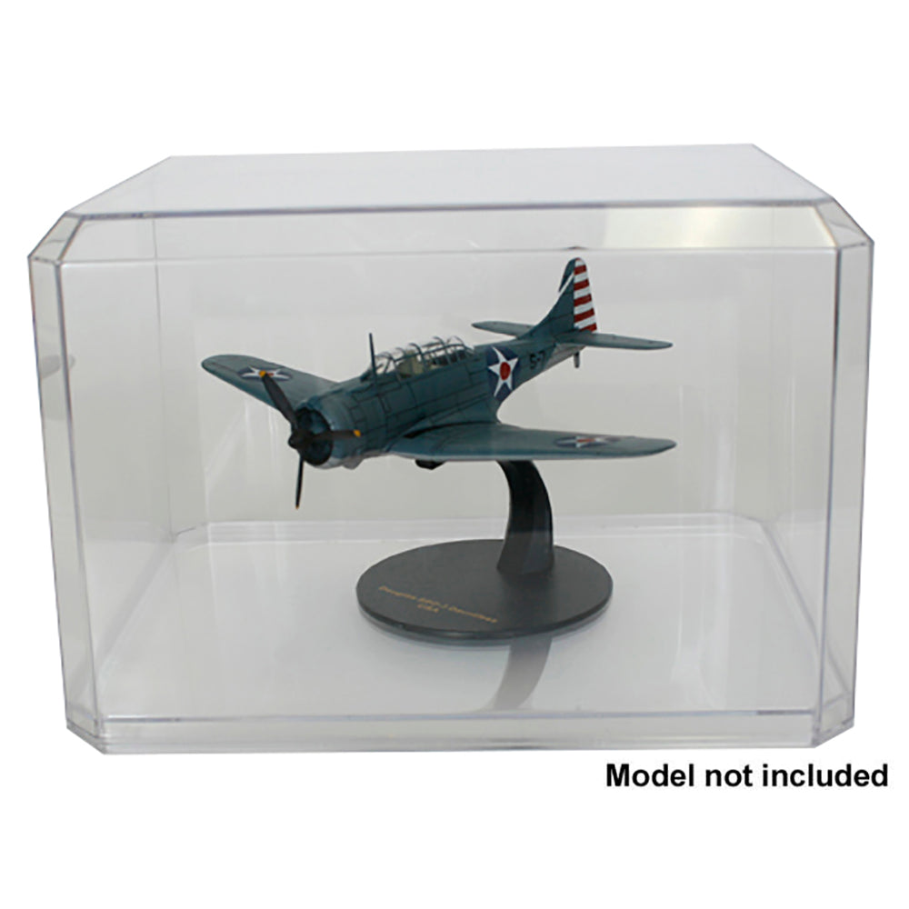 Clear plastic display case holding a SBD Dauntless Fighter Plane with Ripper on a white background Model Not Included