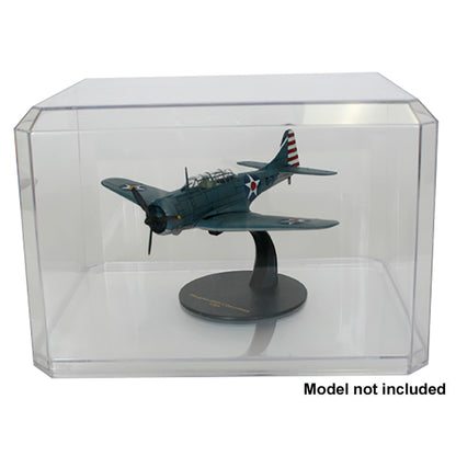 Clear plastic display case holding a SBD Dauntless Fighter Plane with Ripper on a white background Model Not Included