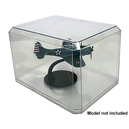 Clear plastic display case holding a SBD Dauntless Fighter Plane with Ripper on a white background Model Not Included
