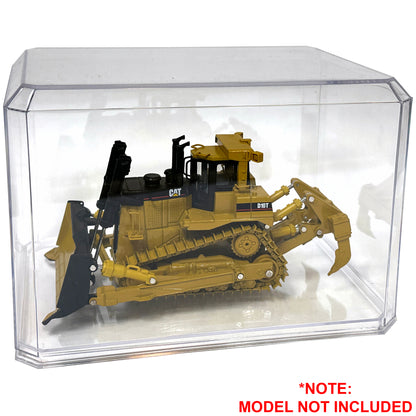 Clear plastic display case holding a Caterpillar D10T dozer with Ripper on a white background Model Not Included