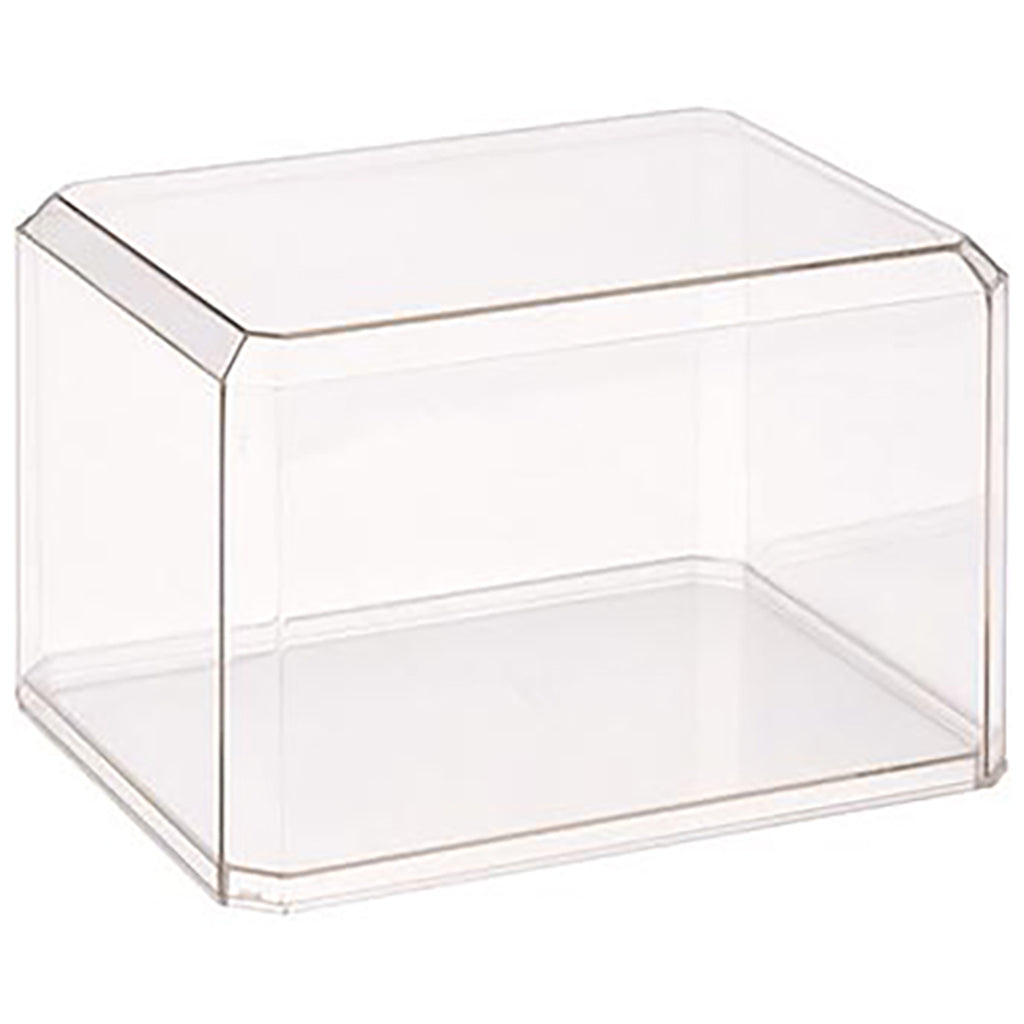 Clear acrylic display case on a white background