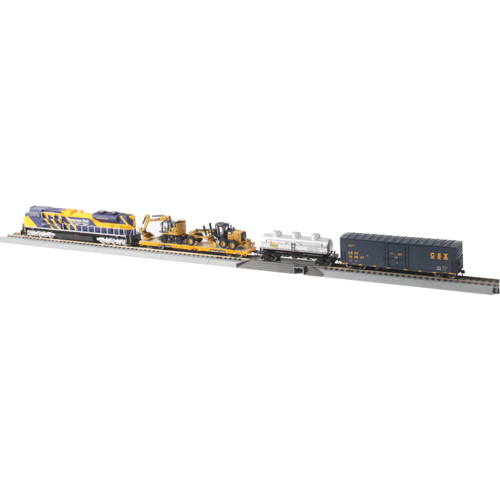 Model train set with multiple cars on a track against a white background