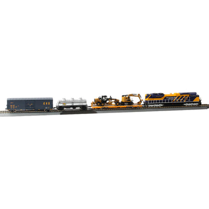Model train set with a locomotive and cargo cars on a track against a white background