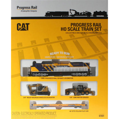 Packaging of Progress Rail HO scale train set with Caterpillar logo on a yellow background