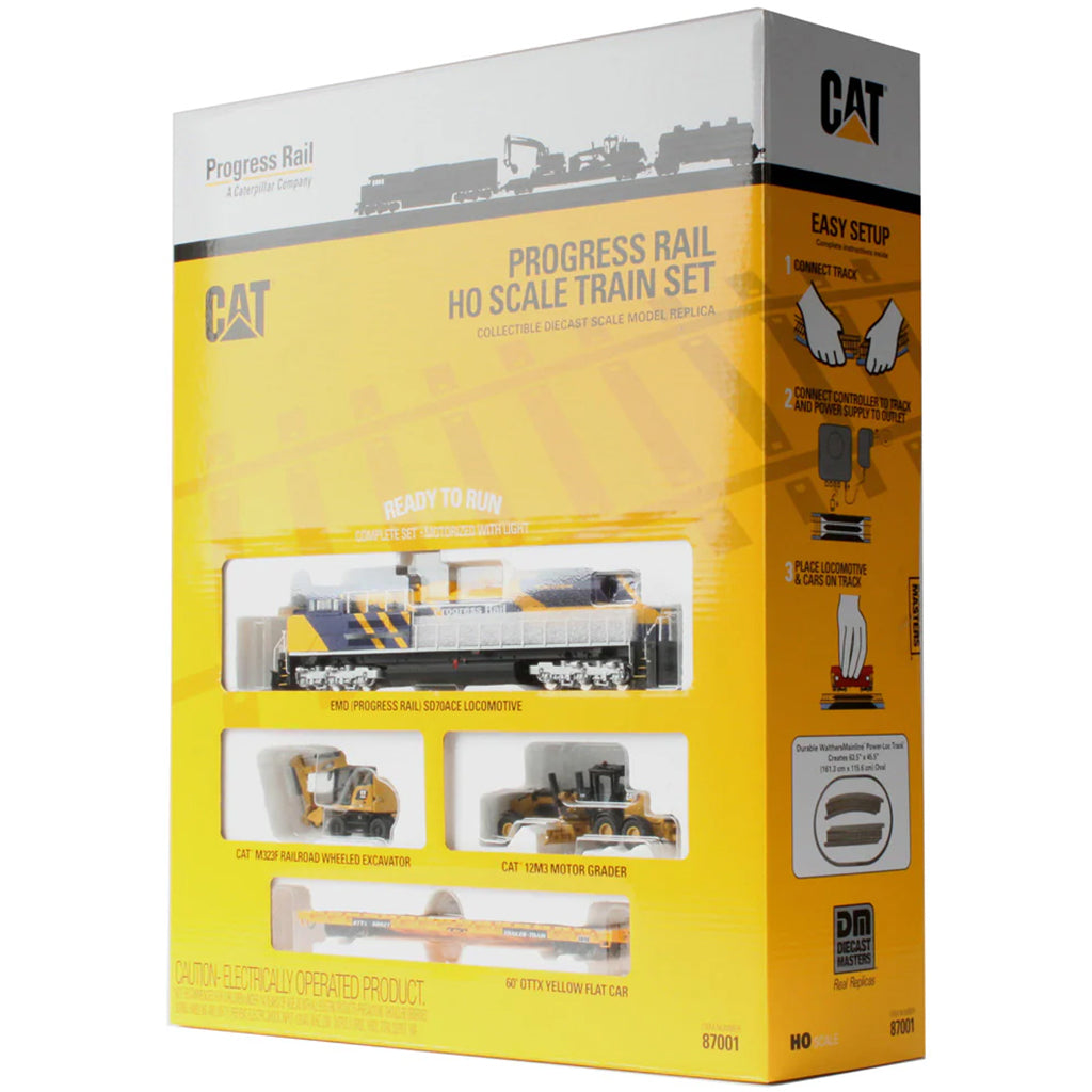 Boxed CAT Progress Rail HO scale train set on a white background