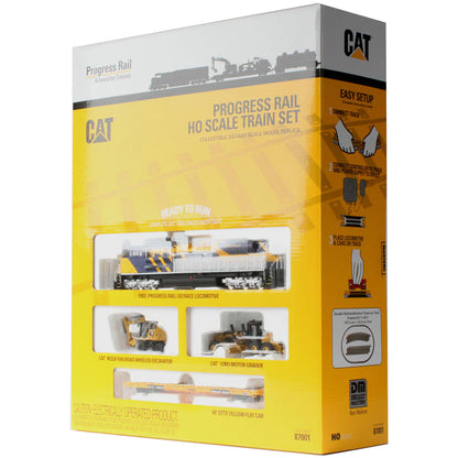 Boxed CAT Progress Rail HO scale train set on a white background