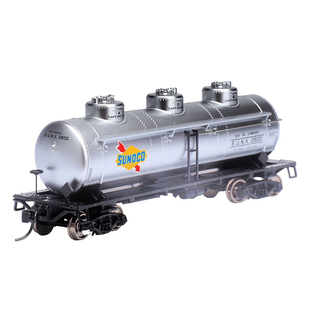 Model train tank car with 'Sunoco' branding on a white background