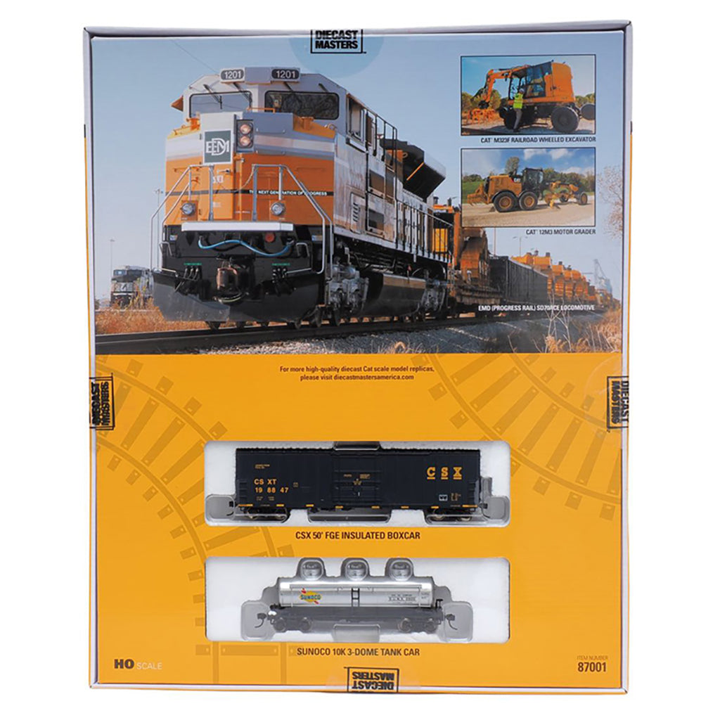 Model train set packaging with a locomotive and cars on a white background