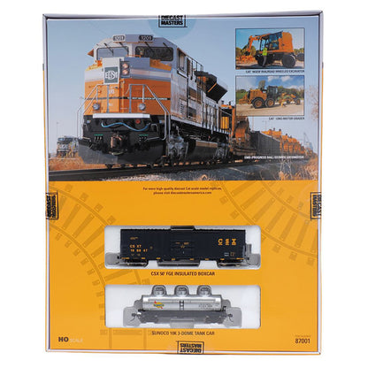 Model train set packaging with a locomotive and cars on a white background