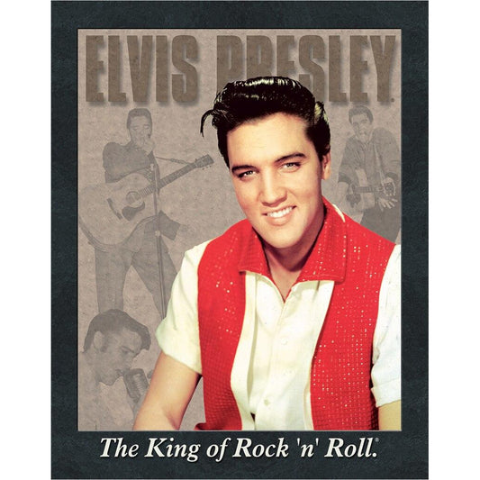 Elvis Presley portrait with red vest and white shirt, surrounded by black and white images of him playing guitar.