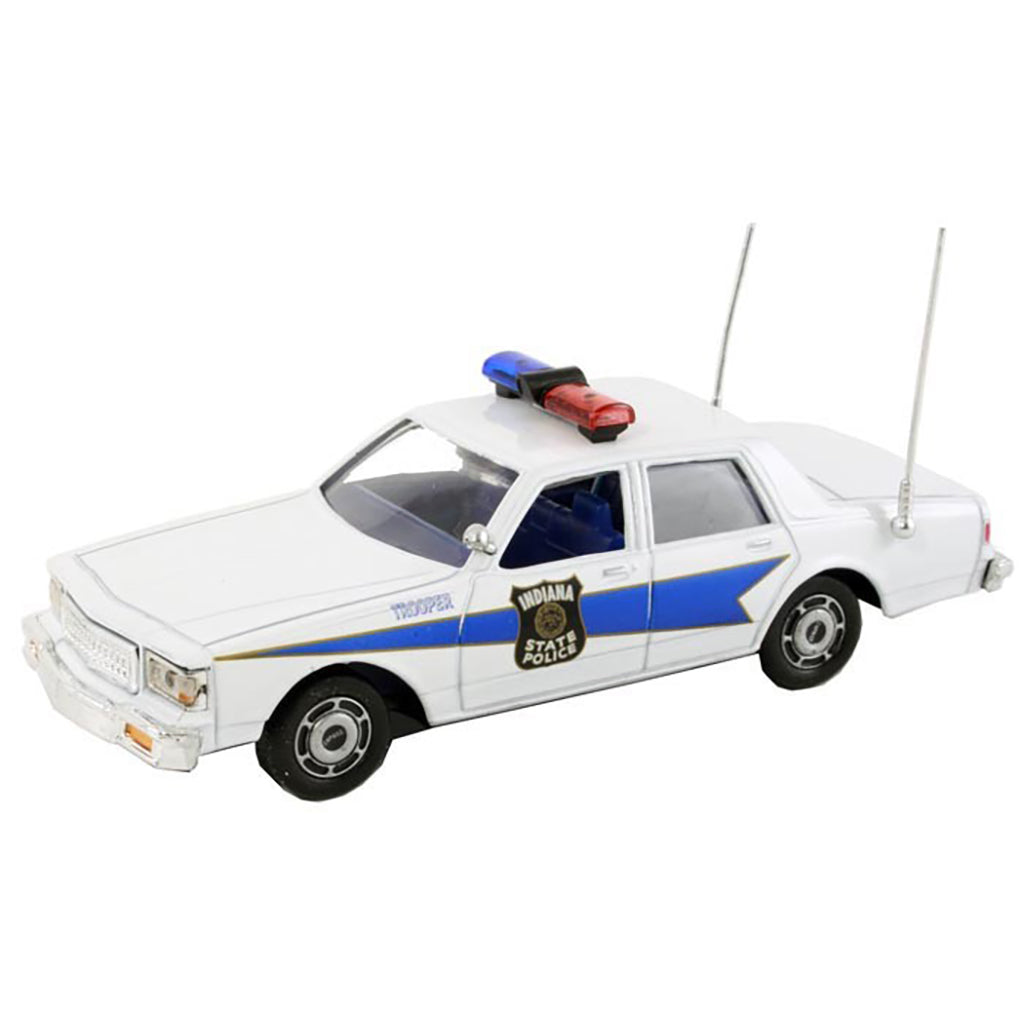 Model of a police car with blue and red lights on a white background