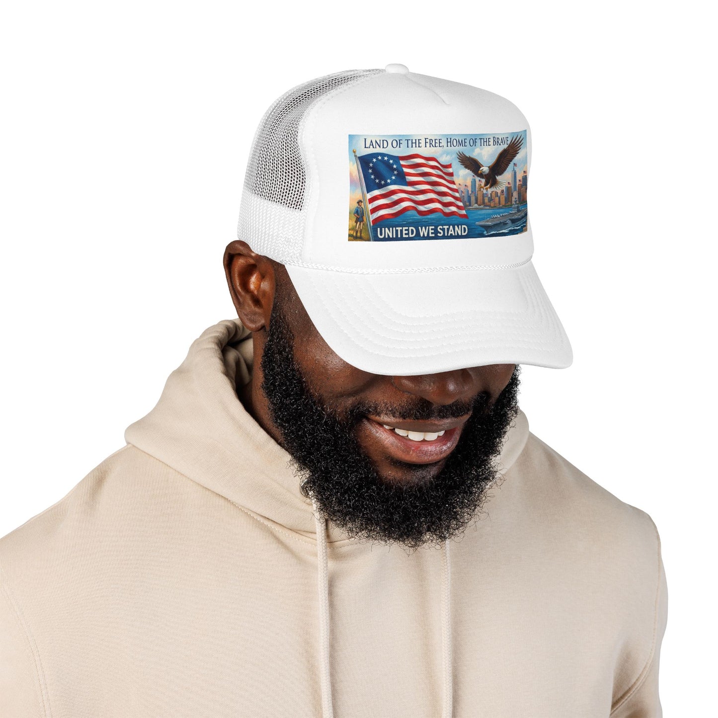 Patriotic Trucker Hat — "United We Stand" American Flag & Eagle Foam Cap