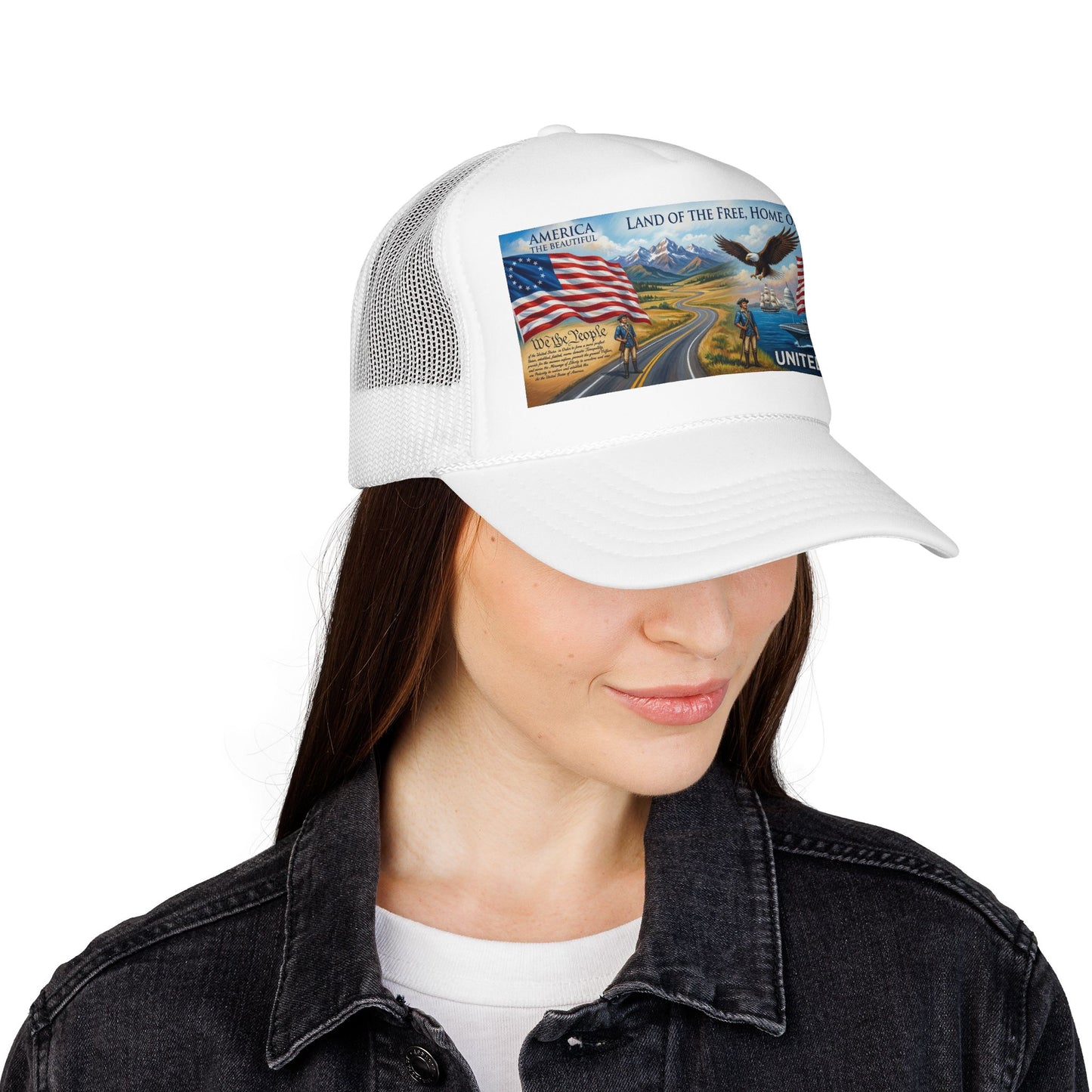 Patriotic Foam Trucker Hat — "United We Stand" Eagle & American Flag Design